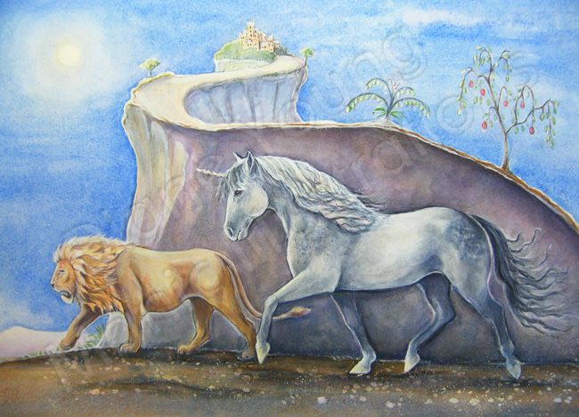 Painting of the Lion and the Unicorn by artist Diane Young of Manic Illustrations