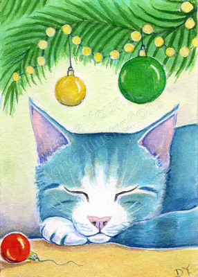 Blue Cat at Christmas painting by artist illustrator Diane Young ACEO