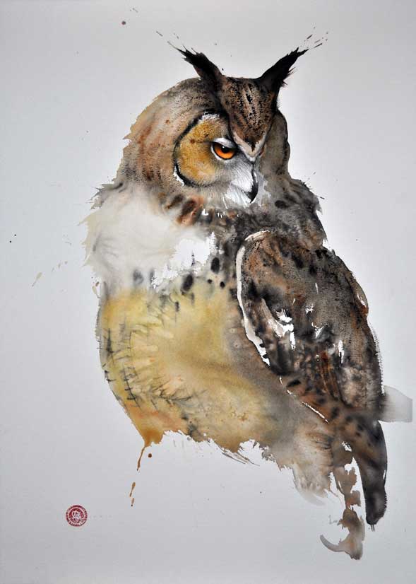 Painting of an owl in watercolours by painter Karl Martens