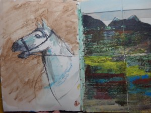 Sketchbook showing collage and drawing by artist Diane Young