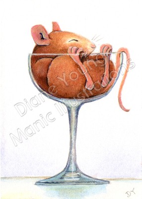 Painting of a Mouse in a champagne glass by artist Diane Young