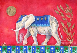 Elephant with a Crane Feather painted by animal artist Diane Young Stroud Manic Illustrations