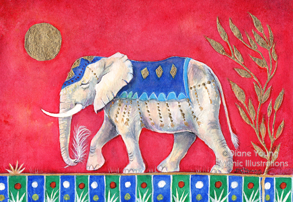 Elephant with a Crane Feather painted by animal artist Diane Young Stroud Manic Illustrations