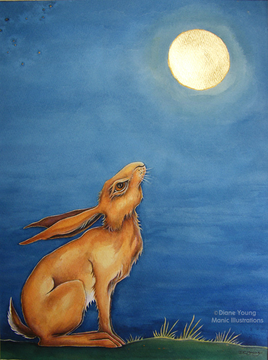 Painting of a Moongazing Hare with a gold leaf moon by artist Diane Young of Manic Illustrations Stroud