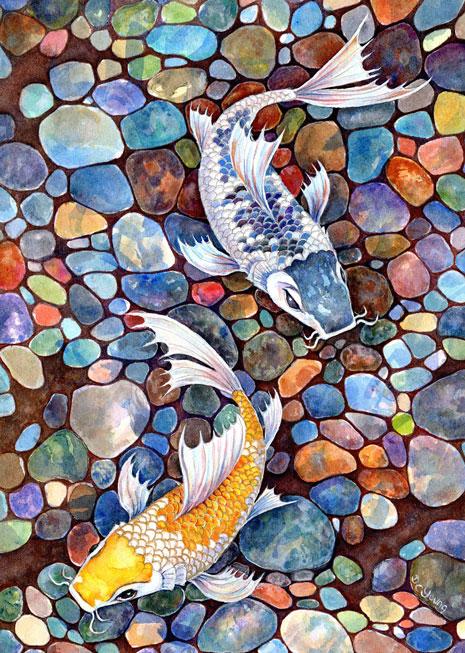 A detailed painting of Koi Carp over river bed stones by artist Diane Young glistening with gold and silver paint