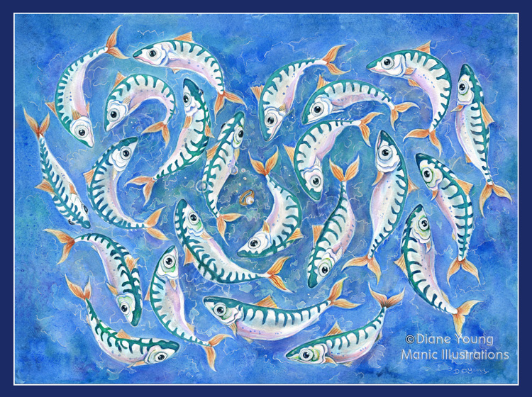 Painting of Mackerel Fish and a Lost Pearl Ring by animal artist Diane Young