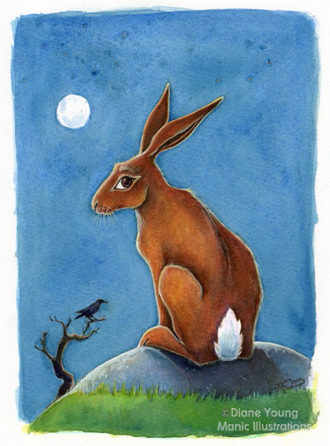 Painting of a moongazing hare with crow by animal artist Diane Young