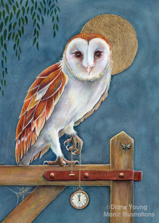 Painting of a barn owl with a stopwatch embellished with gold leaf by artist Diane Young of Manic Illustrations Stroud