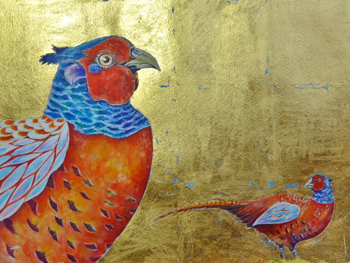 Image showing 2 pheasants on a gold leaf background by artist Diane Young
