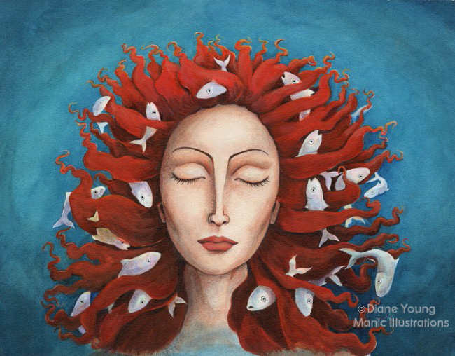 Painting of Mythology Sedna with fish by animal artist Diane YOung