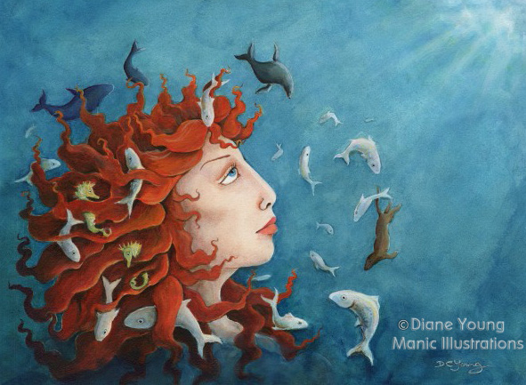 Painting of Mythology Sedna with arctic animals by artist Diane Young