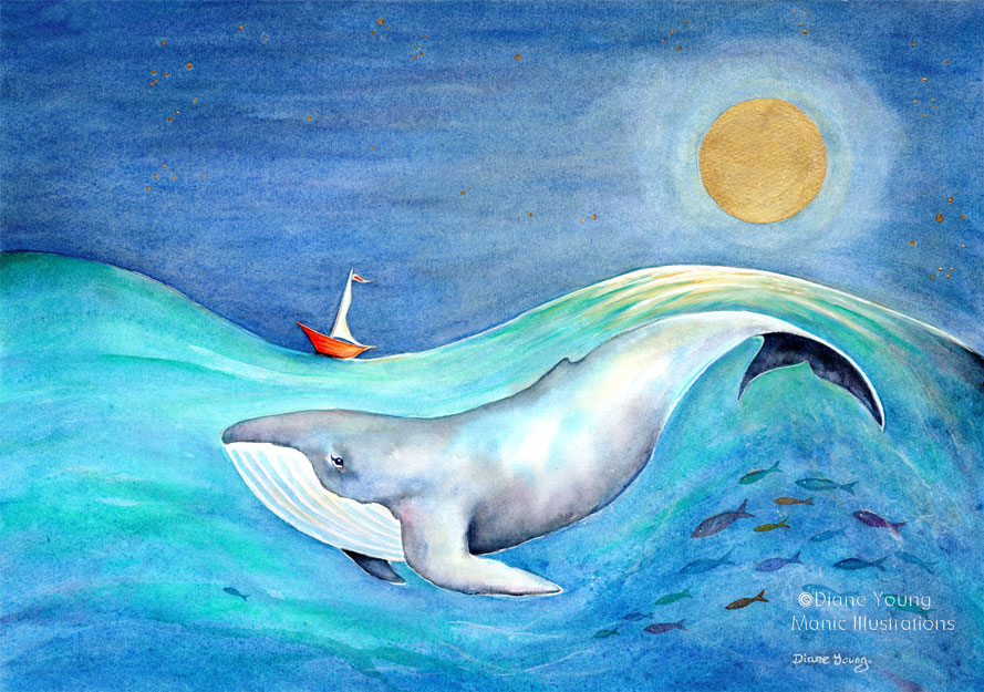 Whale, boat and golden moon Painting by artist Diane Young