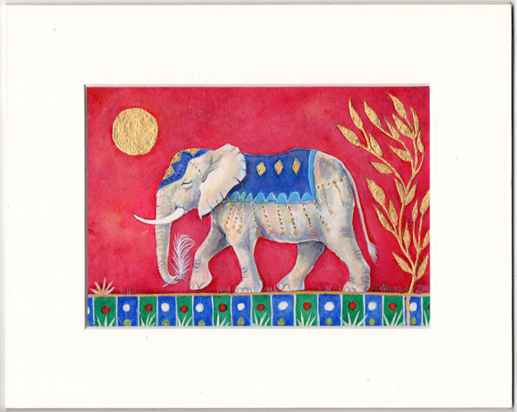 Decorated Elephant painting with Gold Leaf by Stroud artist Diane Young