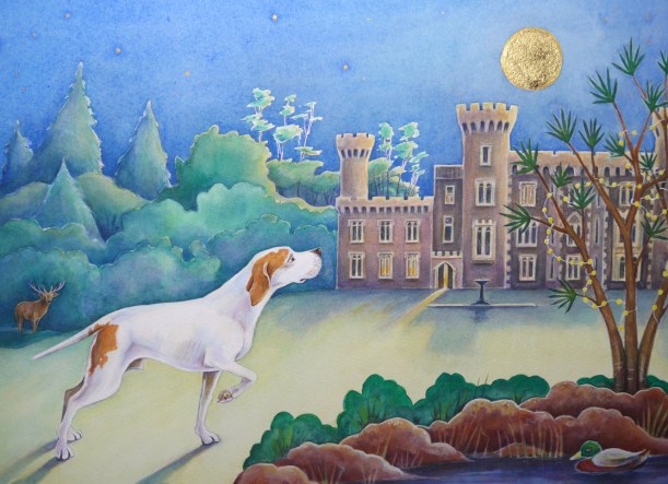 Commission of an English Pointer painting with gold leaf by artist Diane Young of Manic Illustrations Stroud