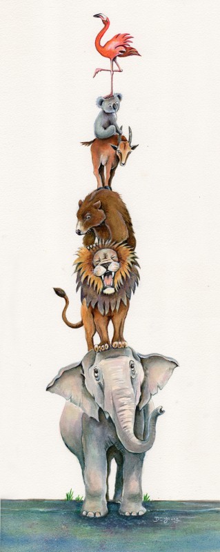 Tower of animals elephant, lion, bear, flamingo, Painting by artist Diane Young