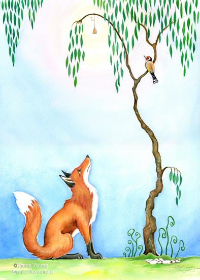 Painting of a fox, a goldfinch with a storyline by artist Diane Young Stroud