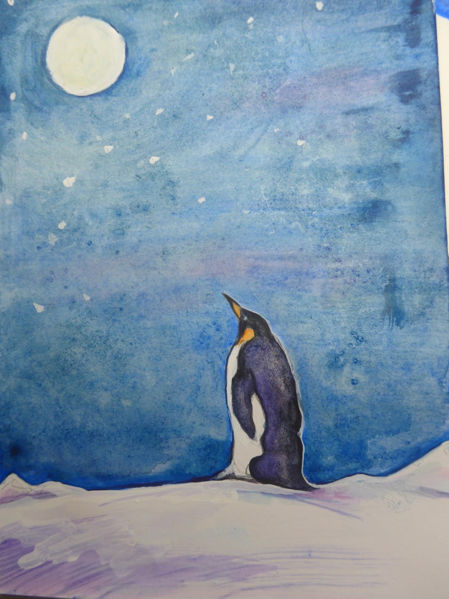 Painting of an Emporer Penguin gazing at the moon by Artist Diane Young Stroud