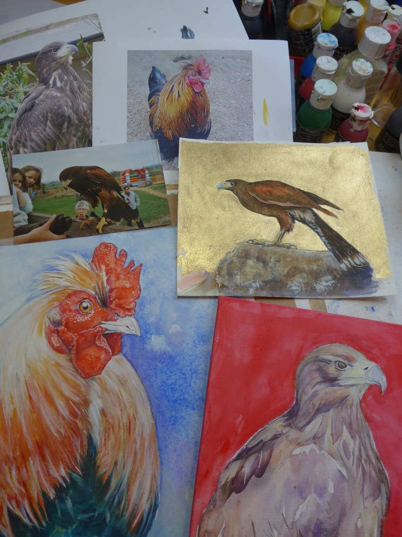 Bird Paintings Harris Hawk Cockerel Hen Chicken Birds Prey Gold Leaf