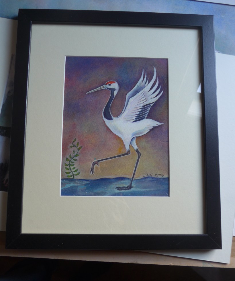 Painting of a dancing stepping crane by artist Diane Young Stroud
