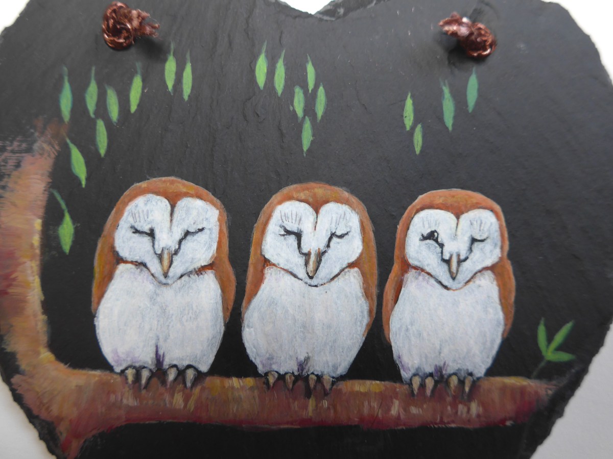 Close Up of a Slate Heart with Original Painting of Baby Owls by artist Diane Young