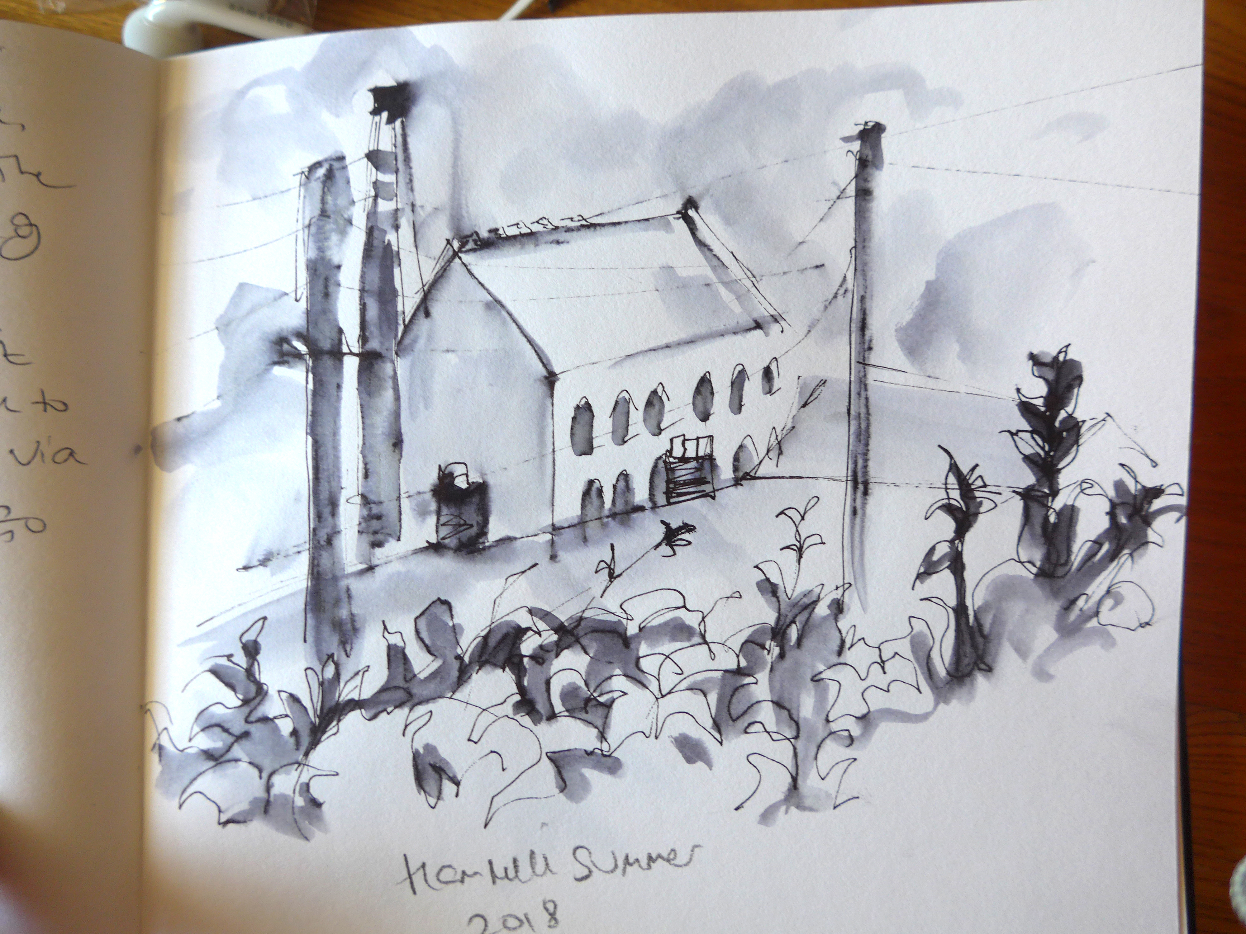 Sketch in ink pen by artist Diane Young of cotswold mill