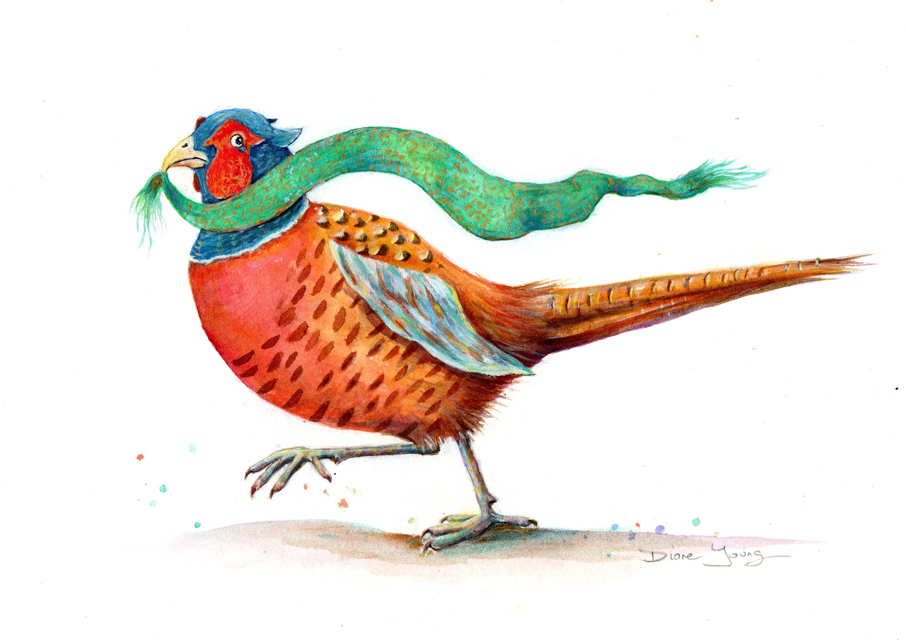 Painting of a pheasant with an emerald and gold scarf in his beak
