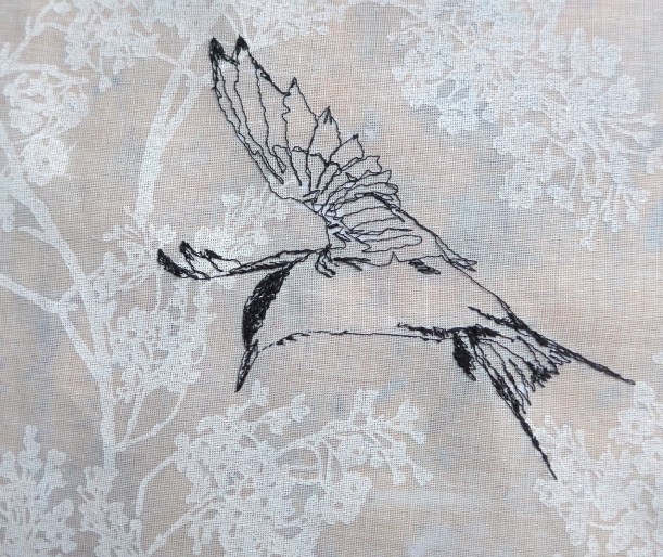 Tern bird drawn with a sewing machine by artist Diane Young