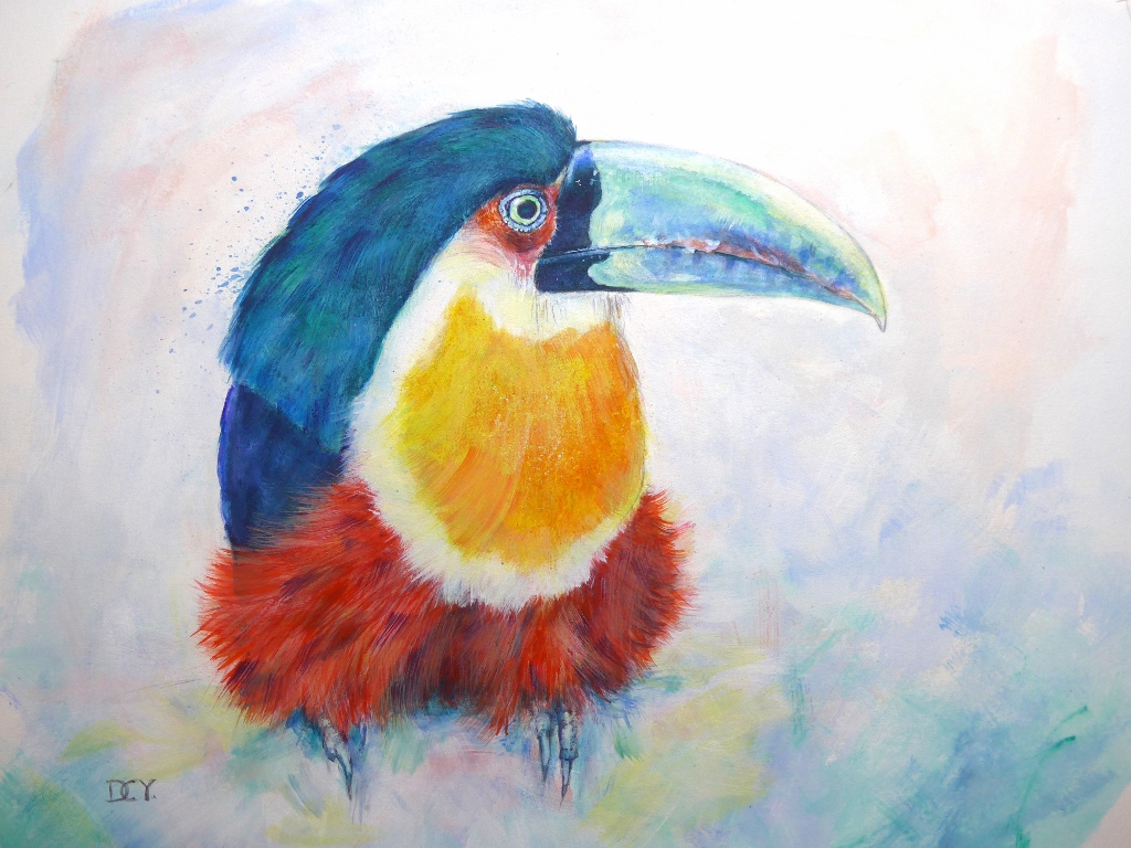 Painting of a brightly coloured Green Billed Toucan of Brazil by artist Diane Young