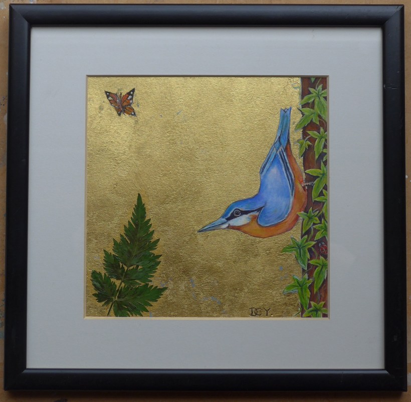 Nuthatch and butterfly painting with pressed leaf and gold leaf by artist Diane Young