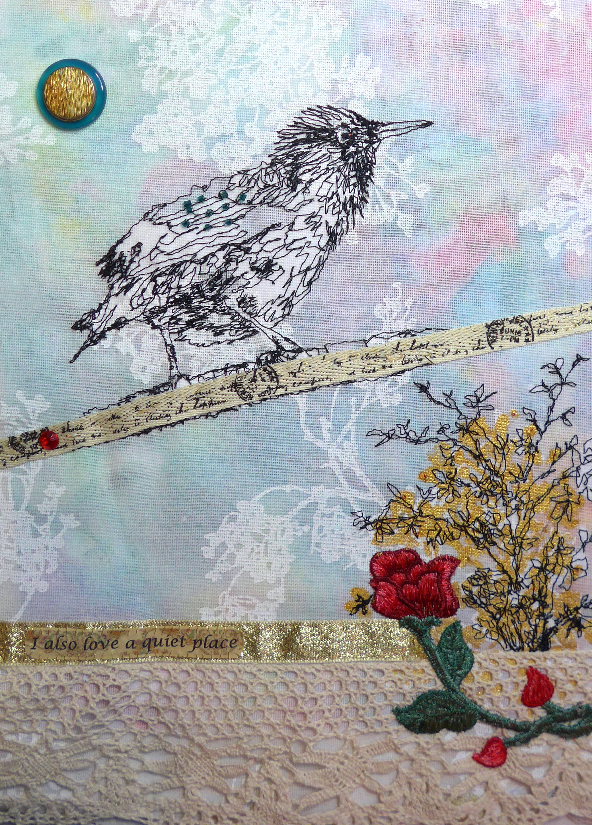 Freehand machine sewn starling drawing with collage materials by artist Diane Young