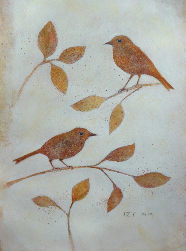 Painting showing spatter paint silhouettes of birds and flowers by artist Diane Young