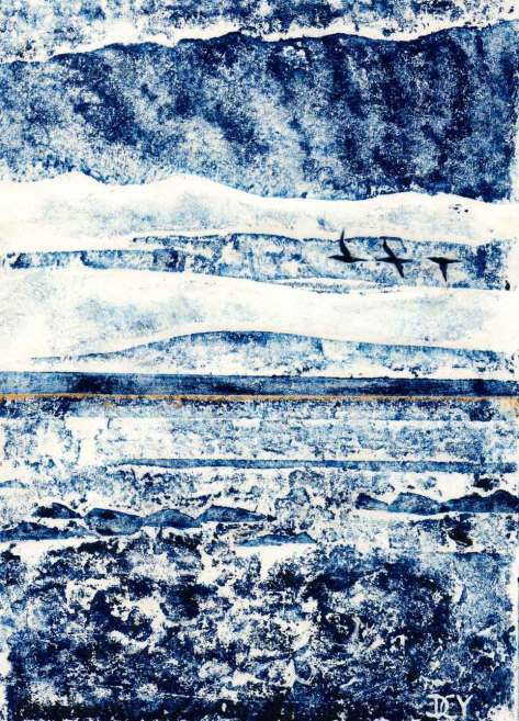 A collagraph monoprint of the sea with gannets flying by artist Diane Youn