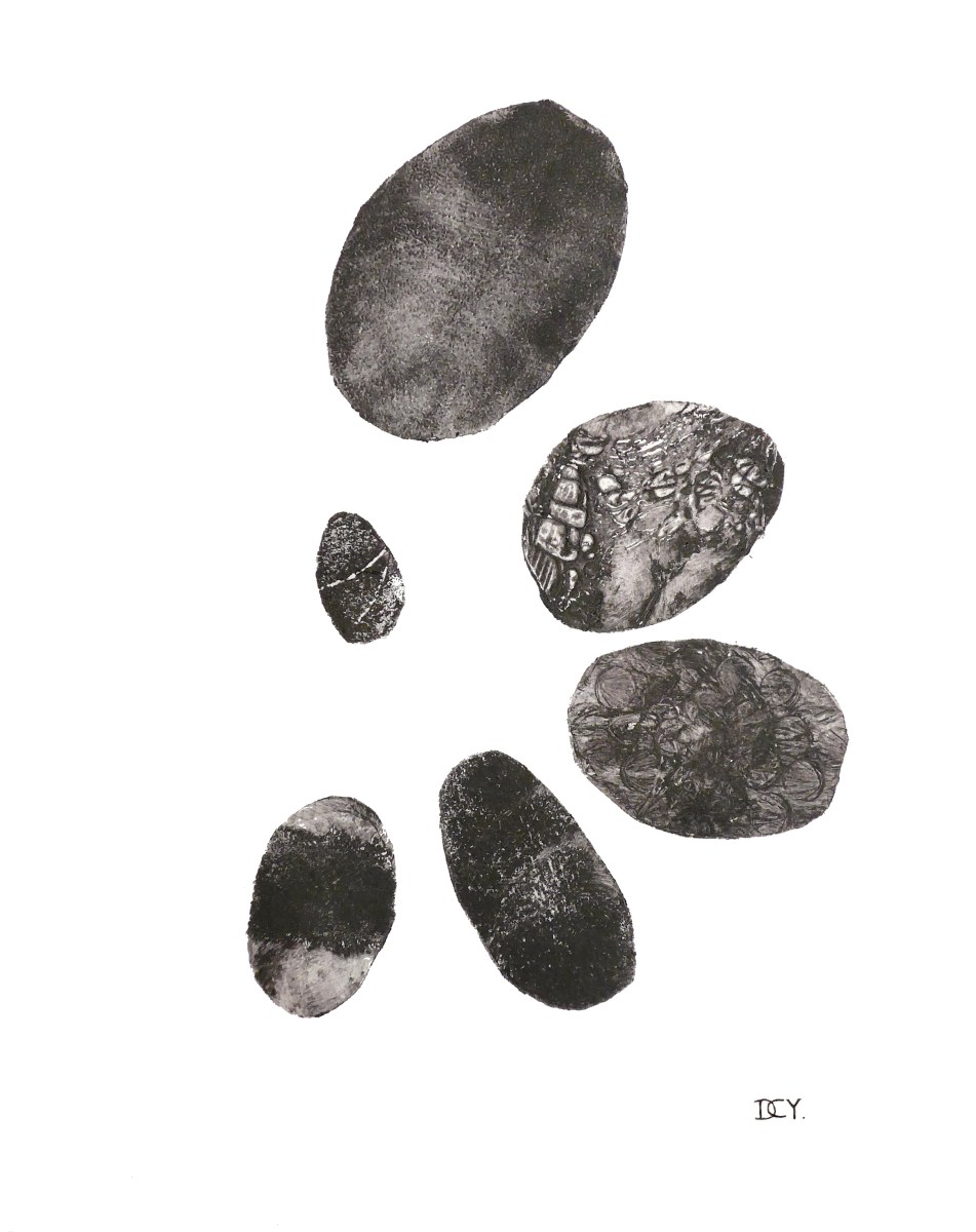A stack of pebbles abstract in style Collagraph Printmaking by artist Diane Young