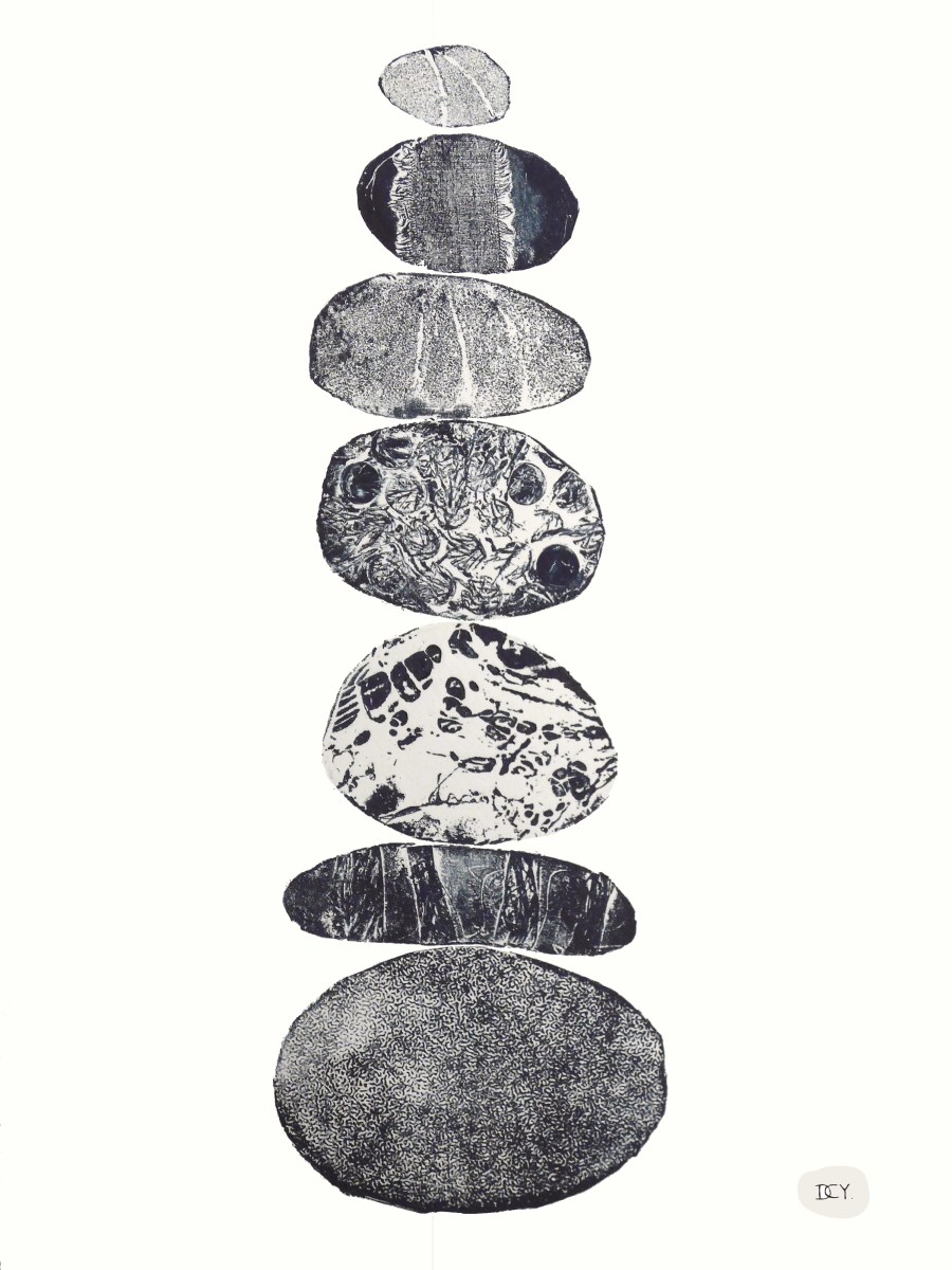 A stack of pebbles abstract in style Collagraph Printmaking by artist Diane Young