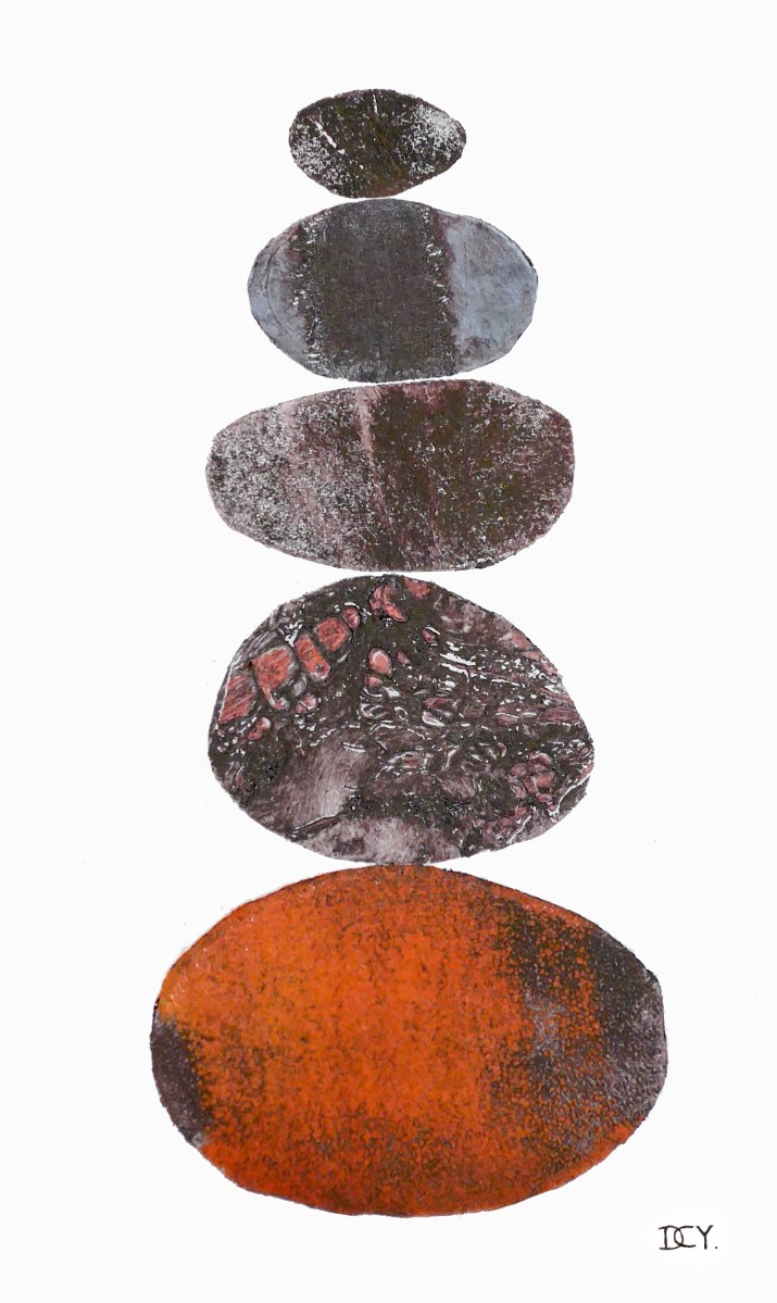 A stack of pebbles abstract in style Collagraph Printmaking by artist Diane Young