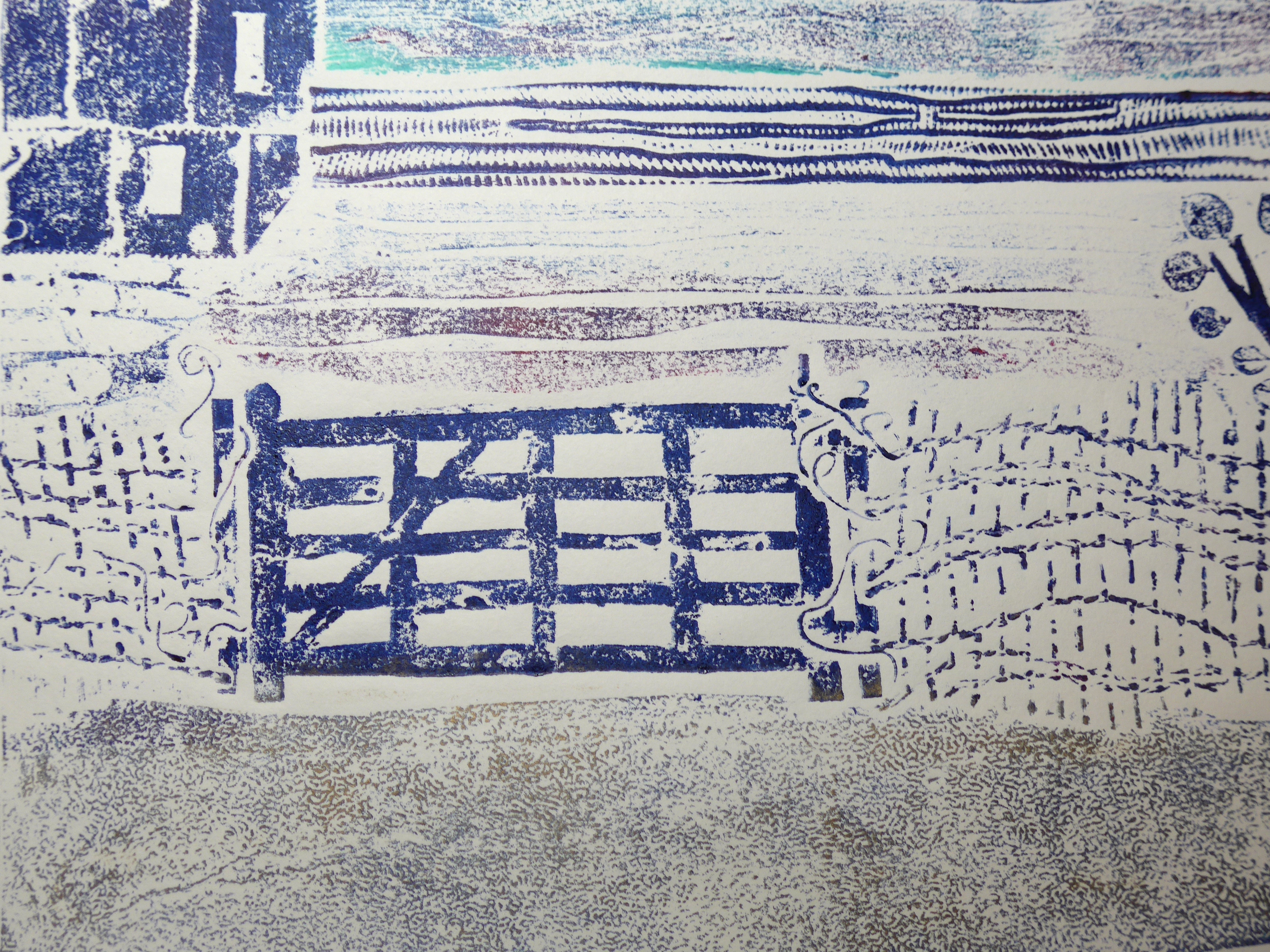 Collagraph by printmaker artist Diane Young showing a five bar gate and textures7
