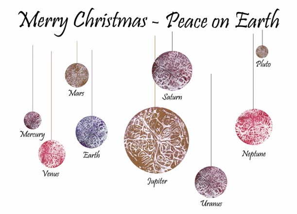 Planetary Christmas Card created with collagraphy printmaking by artist Diane Young at Stroud