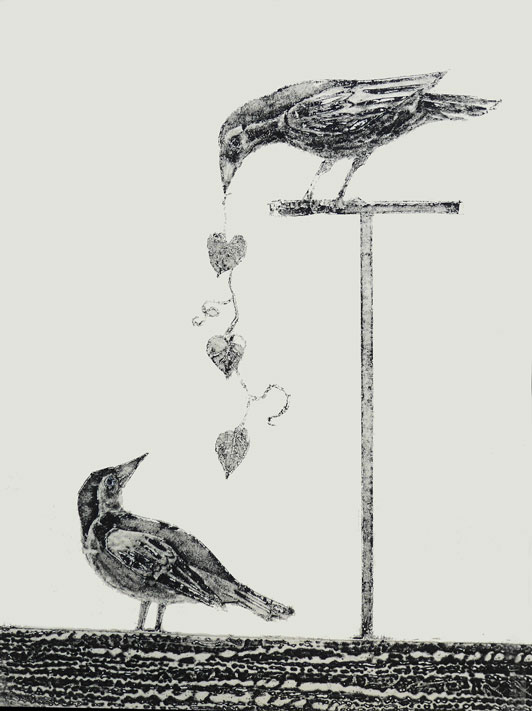 image of two crows one offering the other heart shaped bindweed by artist printmaker Diane Young of Stroud