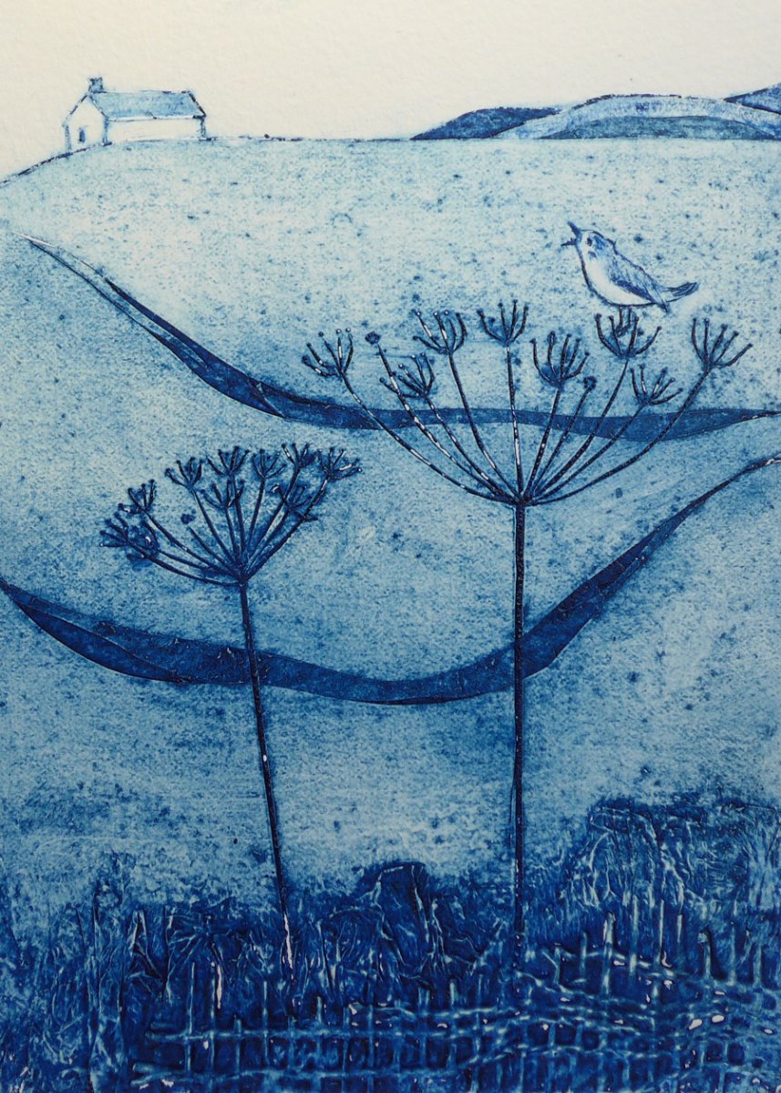 Collagraph print of a country scene with a wren and house by artist Diane Young