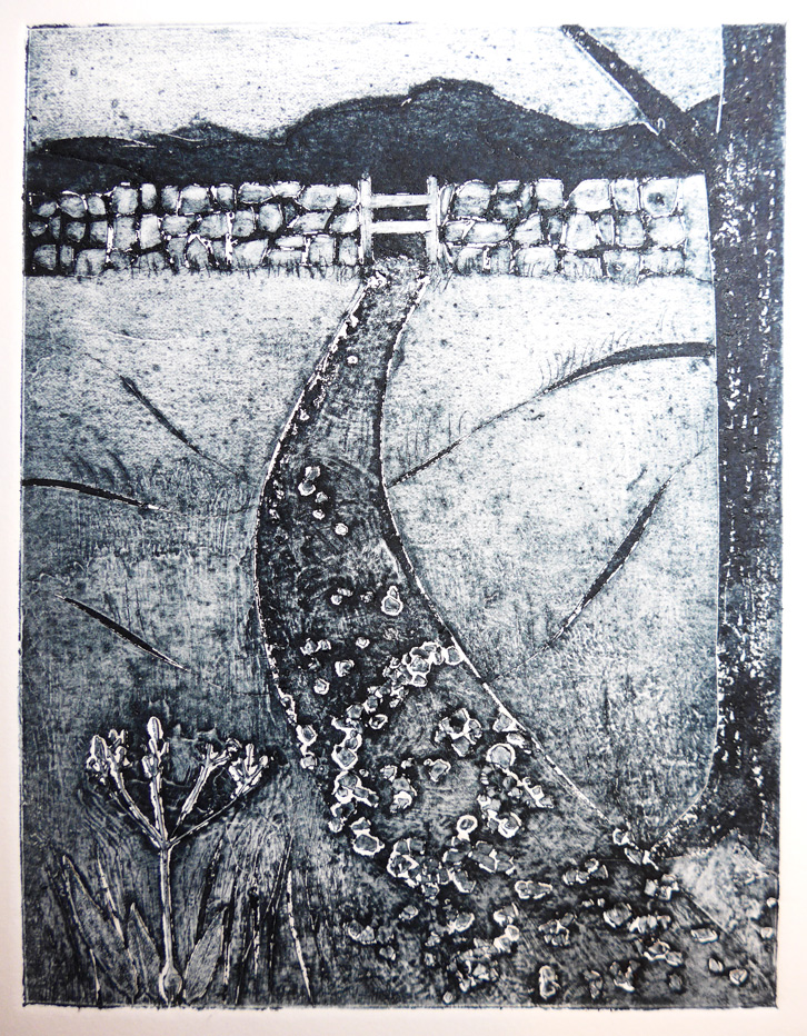 Collagraph print of a mountain scene using eggshells by artist printmaker Diane Young