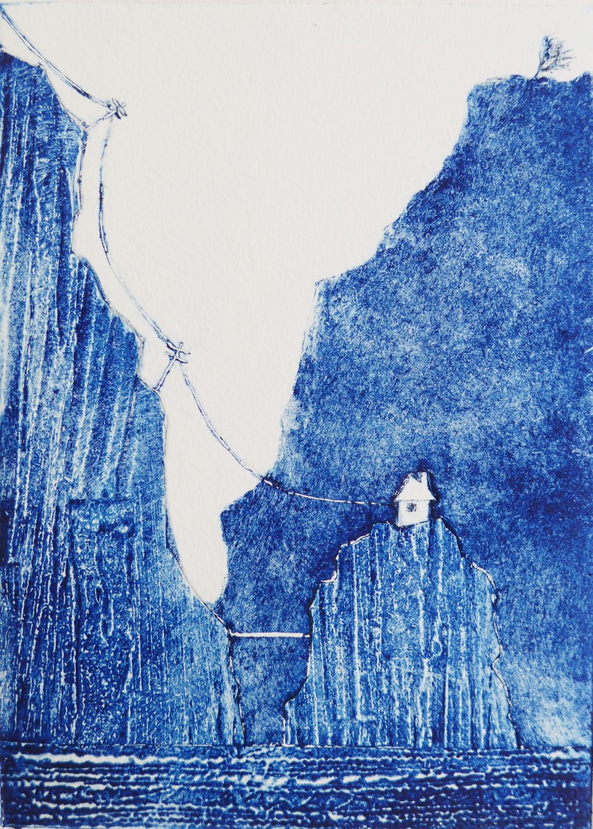 A collagraph original print of a lone cottage in the Scottish Highland by artist printmaker Diane Young Stroud