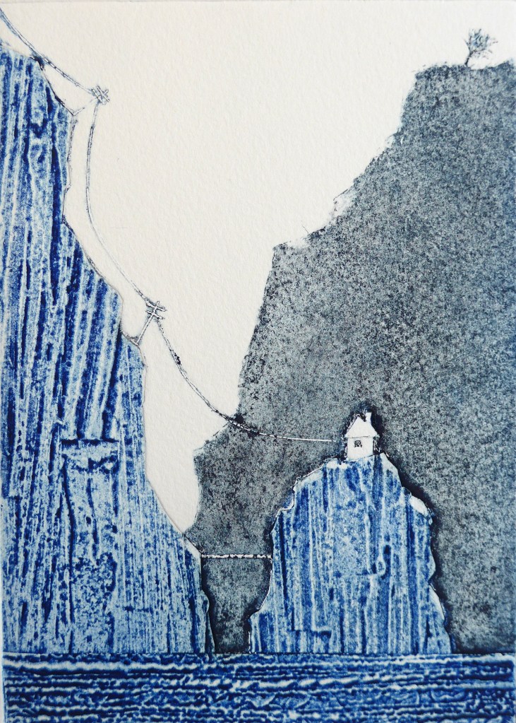 Collagraph print of a remote house on a cliff by artist printmaker diane young stroud