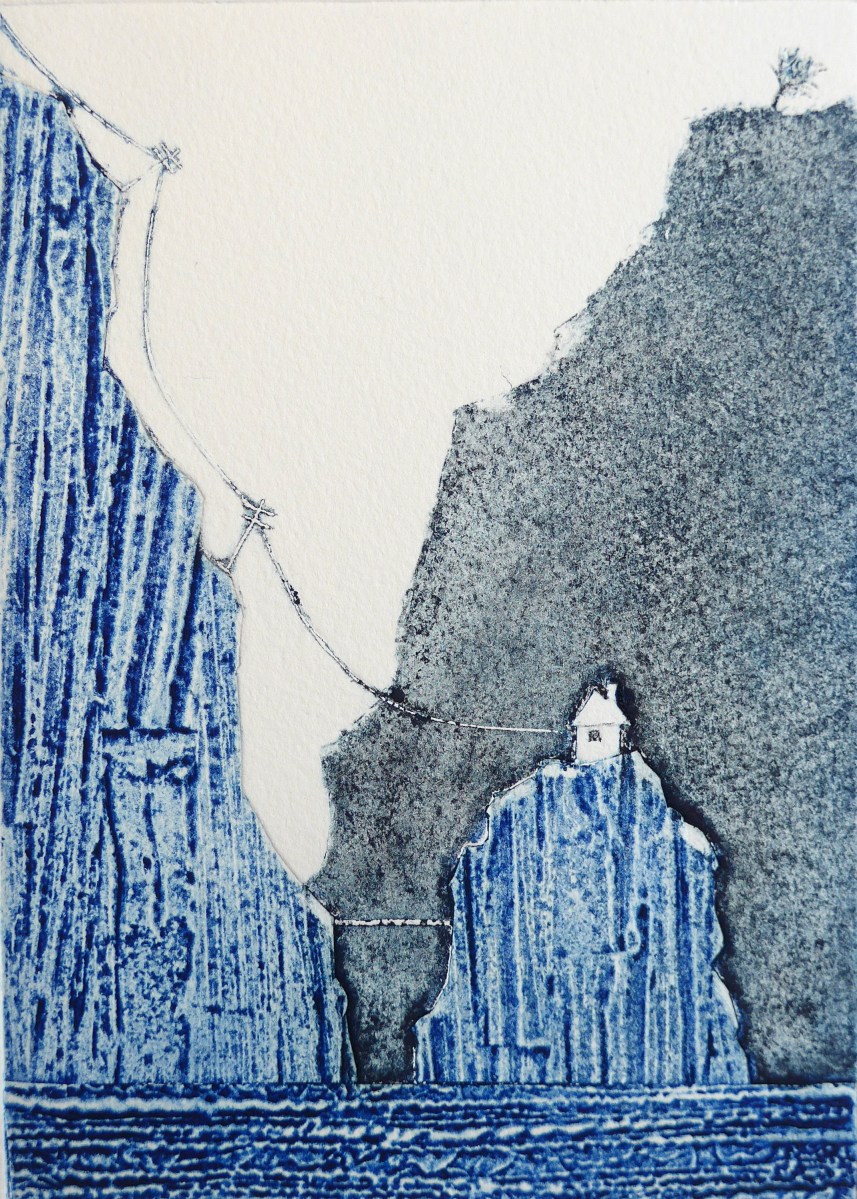 Collagraph print of a remote house on a cliff by artist printmaker diane young stroud