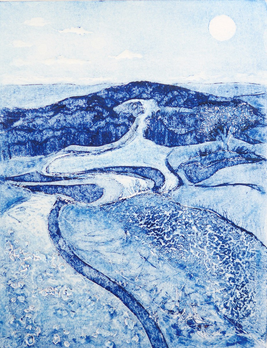 Depiction of landscape in the cotswolds by artist printmaker diane young of stroud