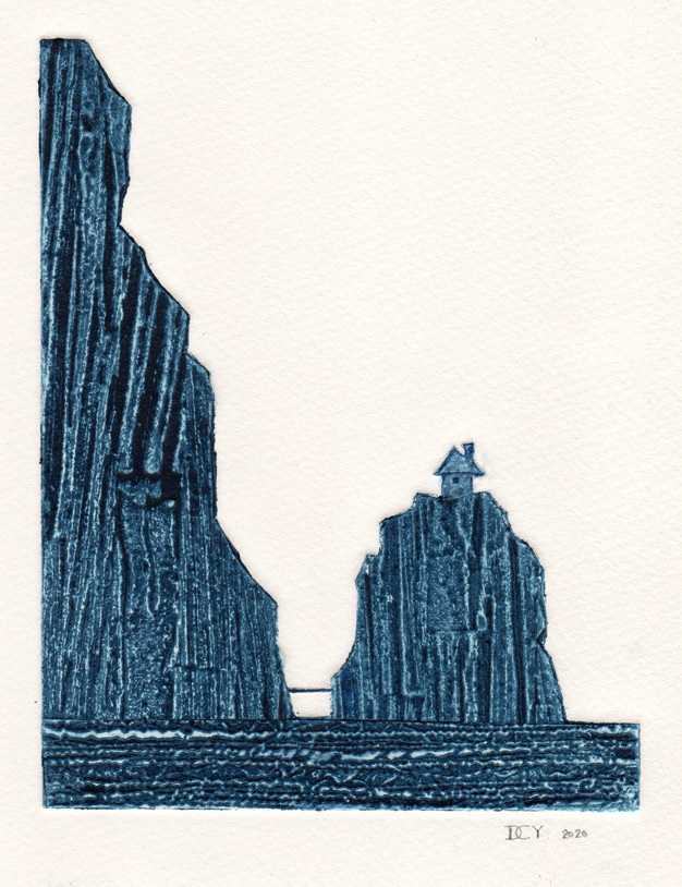 Collagraph hand pulled original print of an isolated on an island