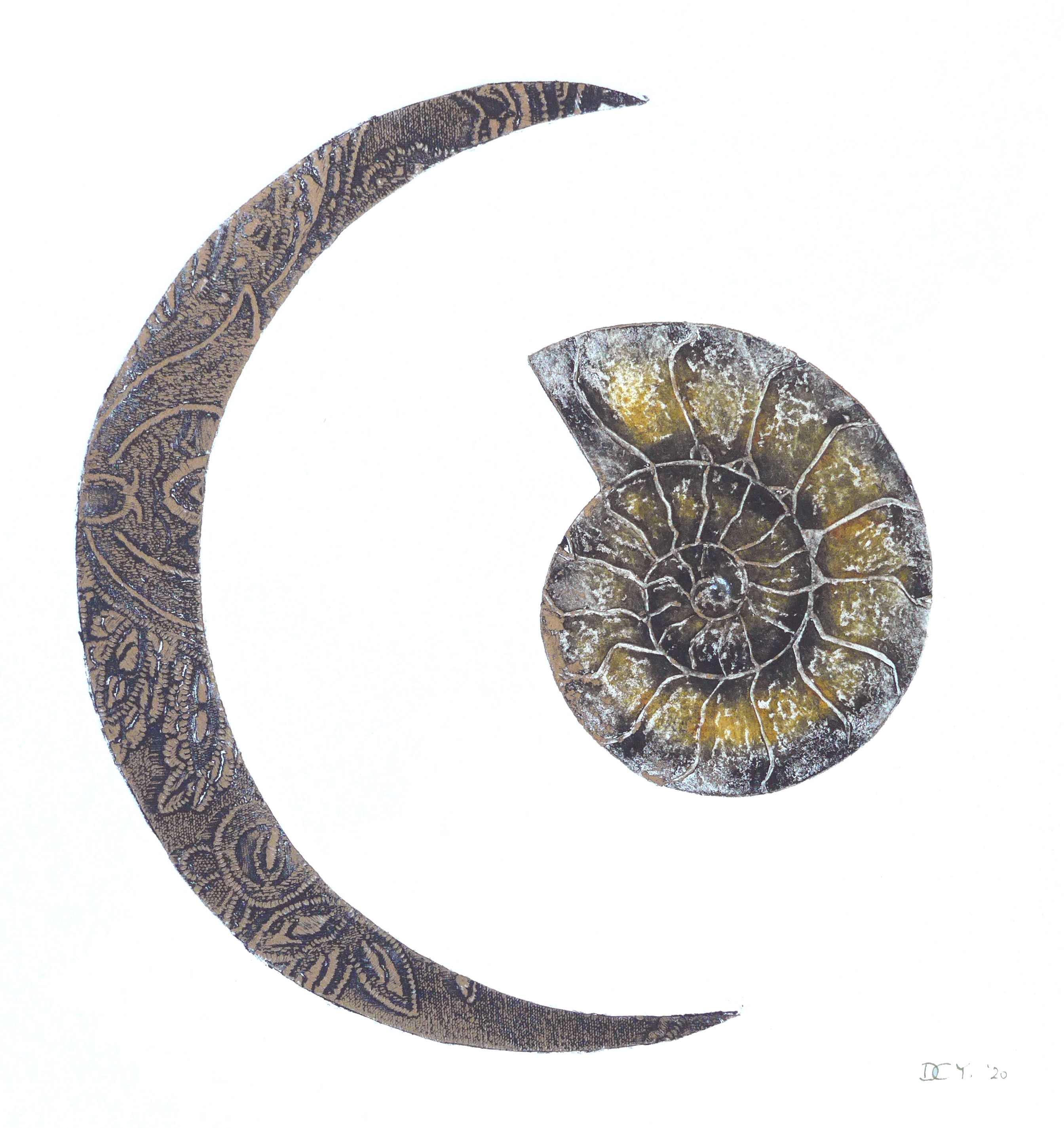 Textural collagraph print of an patterned moon sliver and a detailed ammonite fossil in abstract form by artist Diane Young
