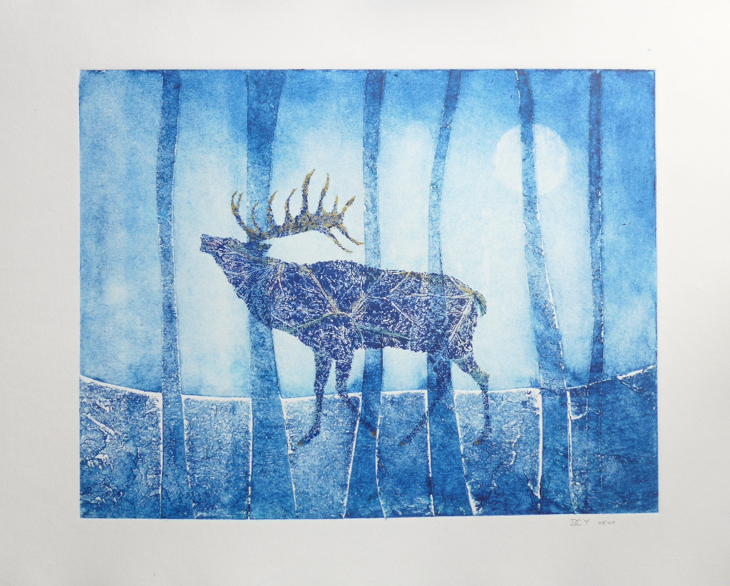 Collagraph hand pulled original print of rutting stag by artist printmaker diane Young from stroud