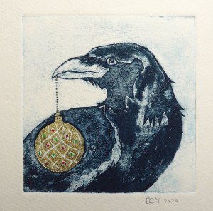 Raven collagraph with sparkly bauble orginal collagraph by Diane Young