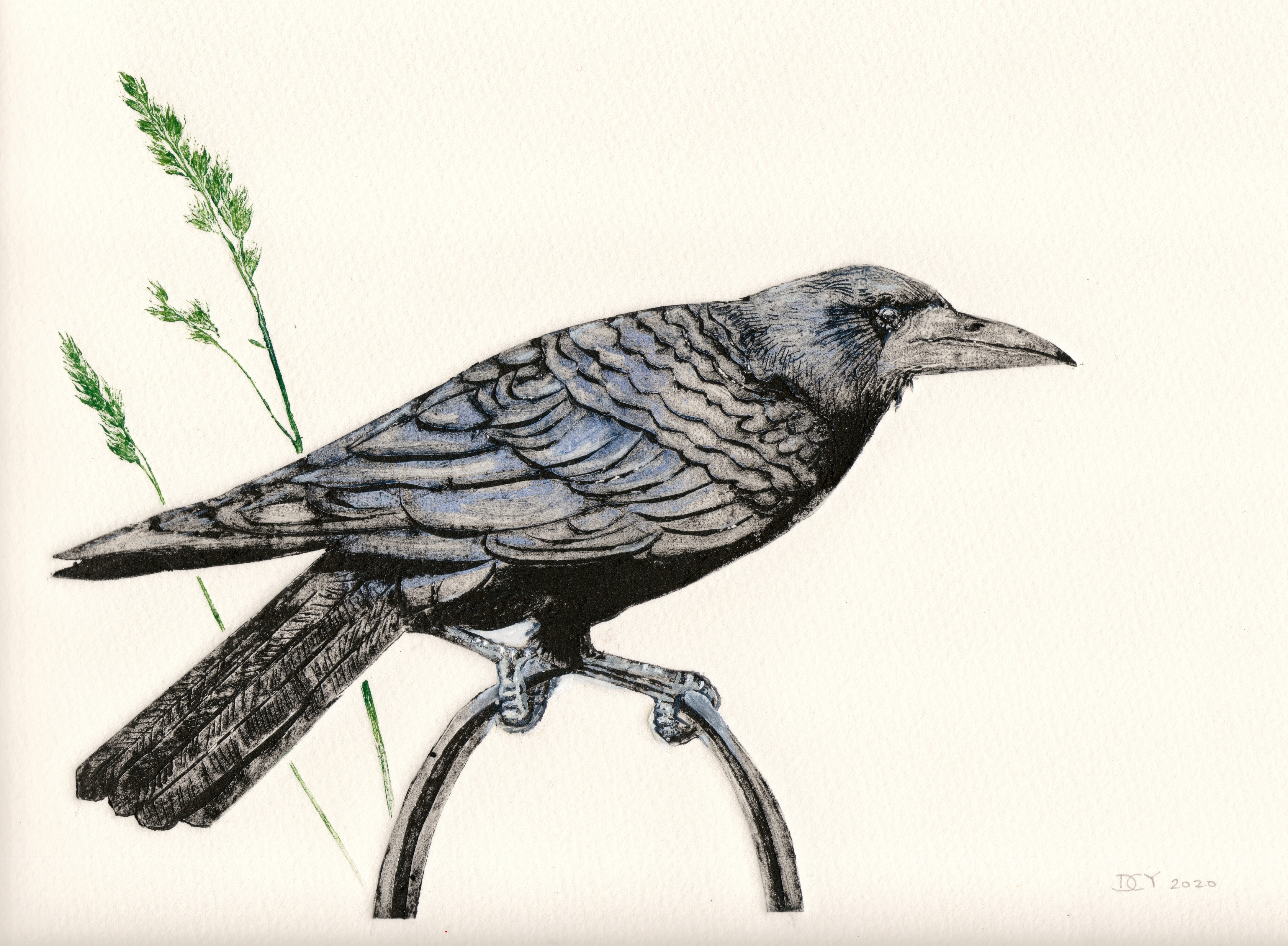 Collagraph print original art of a textural rook with grasses detail monoprint