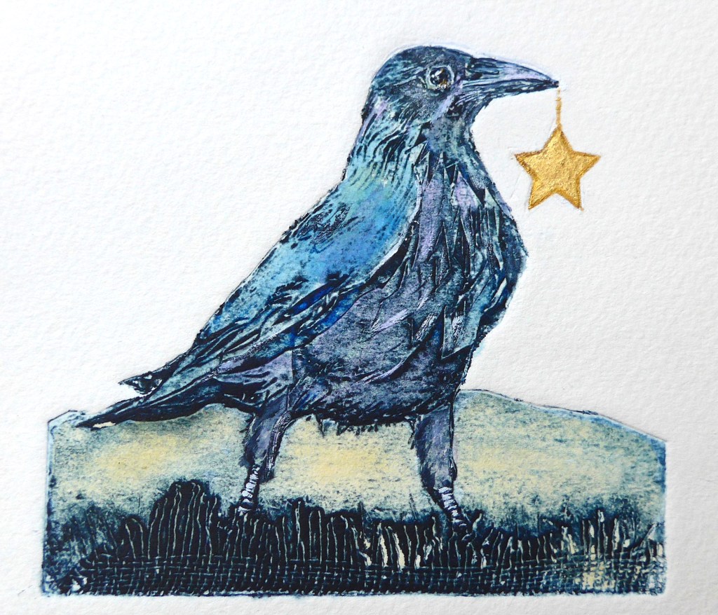 Collagraph print of a crow carrying a golden star